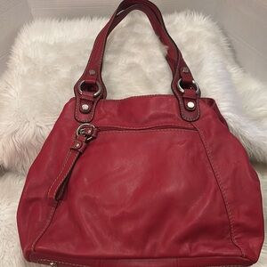 Tignanello Red Leather Large Handbag with Multicolor Striped Pouch and Keyring